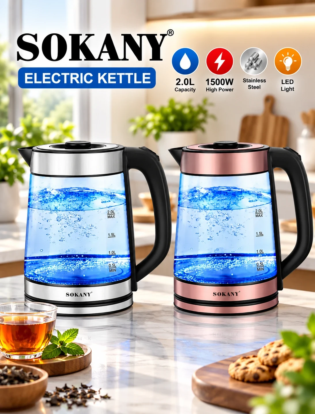 SOKANY 2.0L Electric Glass Kettle – 1500W High Power Stainless Steel Electric Kettle with LED Light